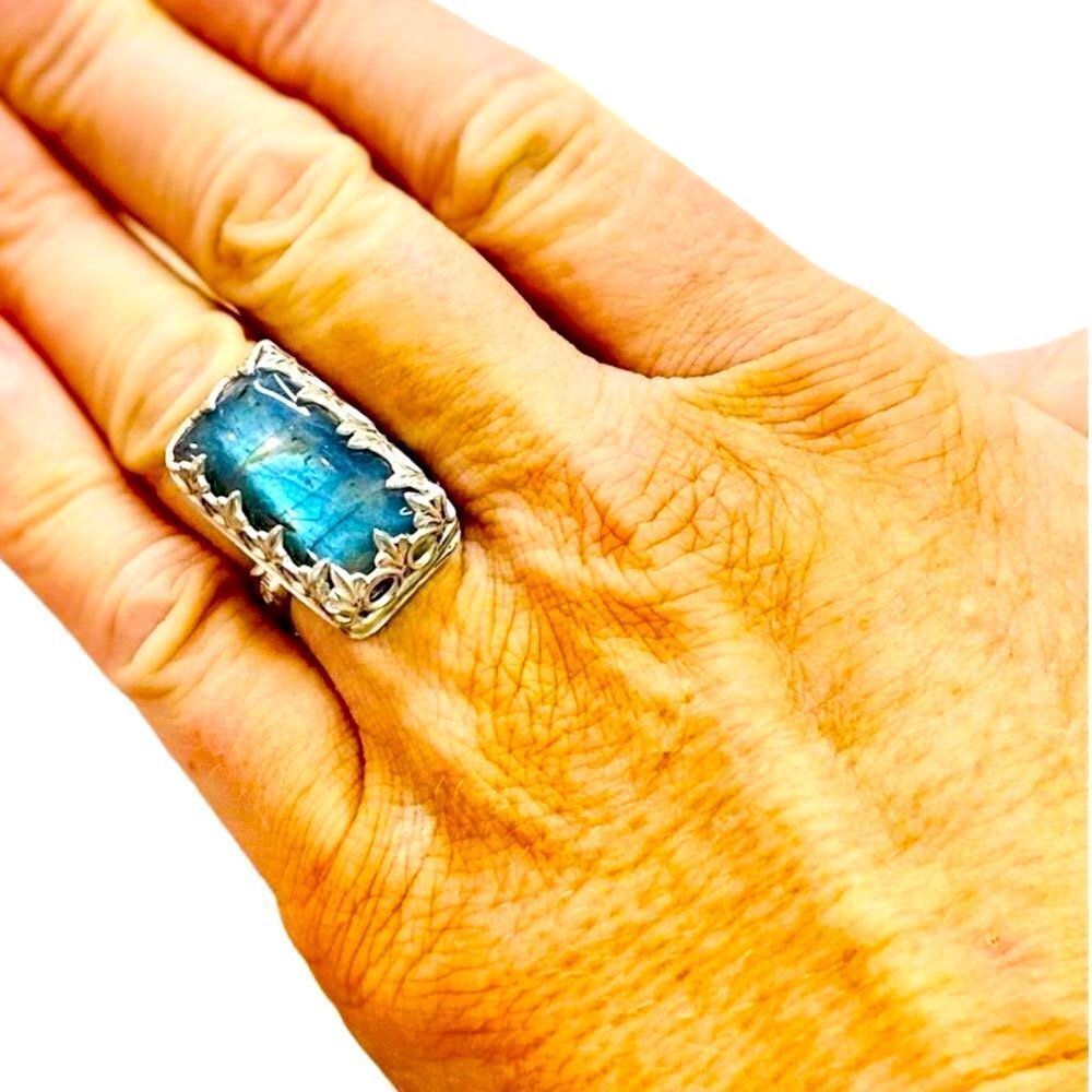 Natural Blue Labradorite Sterling Silver Statement Ring - Custom Jewerly NEW - Picture 2 of 4
